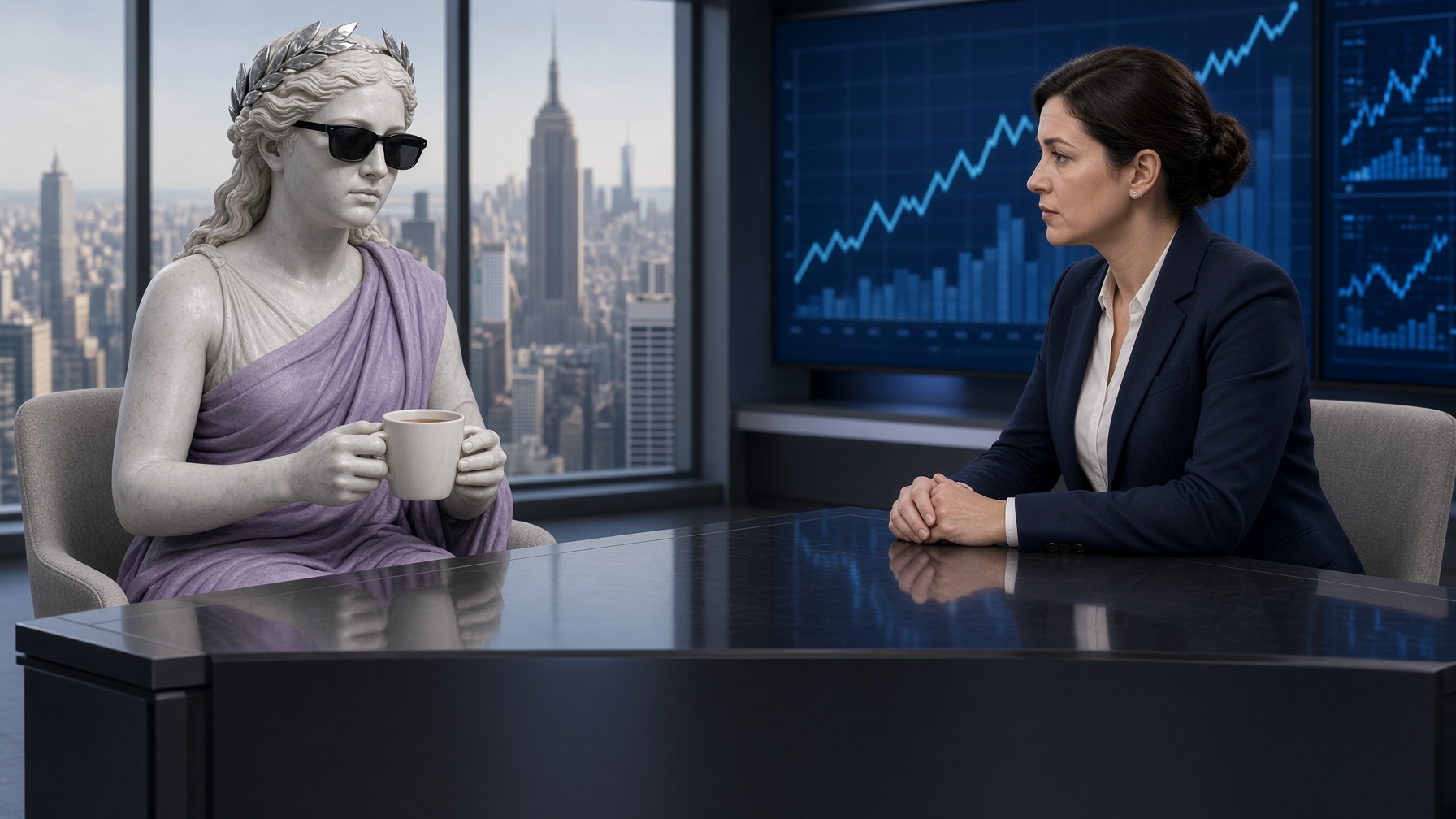 The statue on a generic news desk, holding tea, looking tired