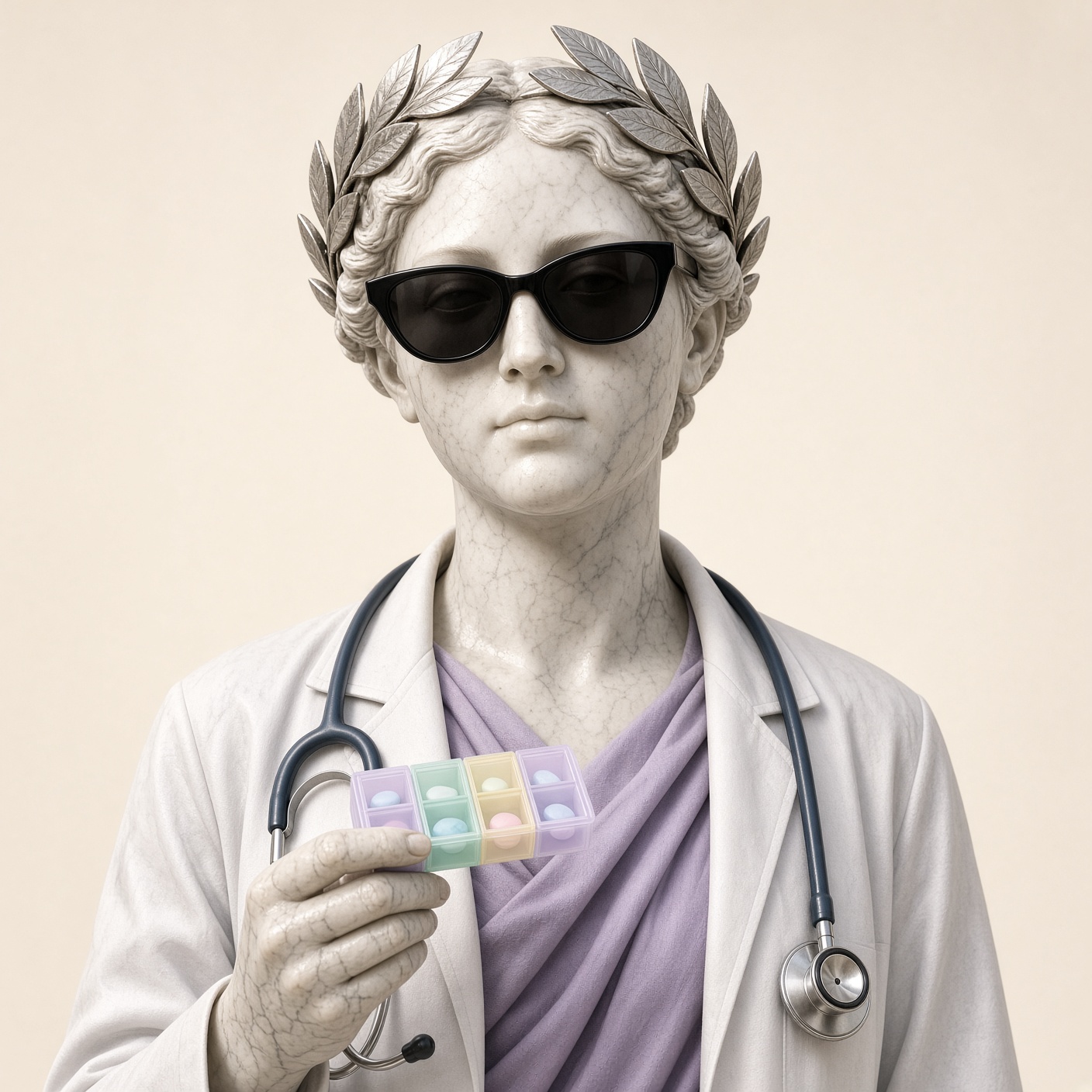 Livia, marble, clinic coat, sunglasses