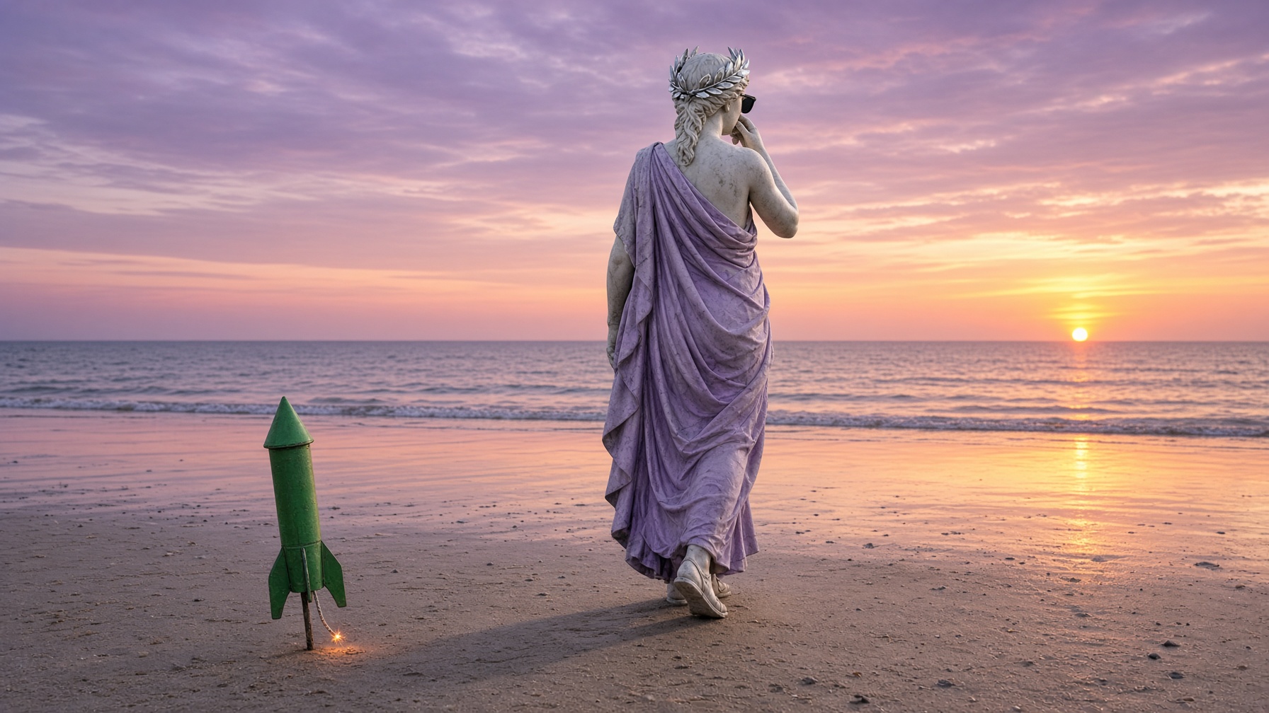 The statue walking away from a firework on the beach
