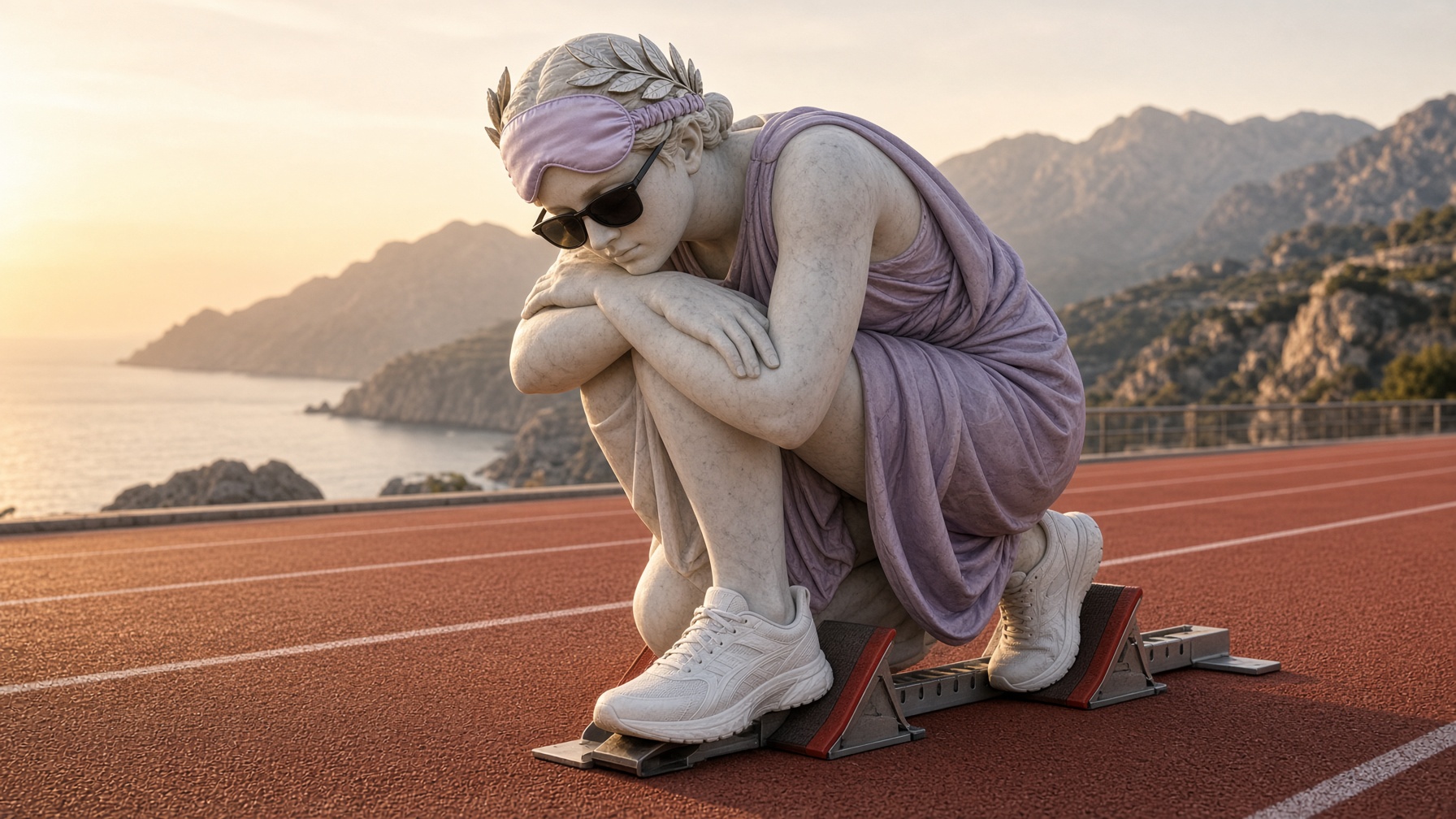 The statue asleep in the starting blocks, eye mask on her forehead