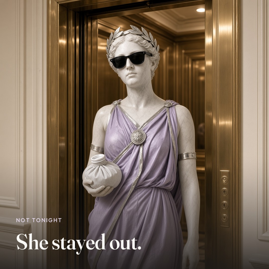 She waits outside a closing elevator. The picture says She stayed out.