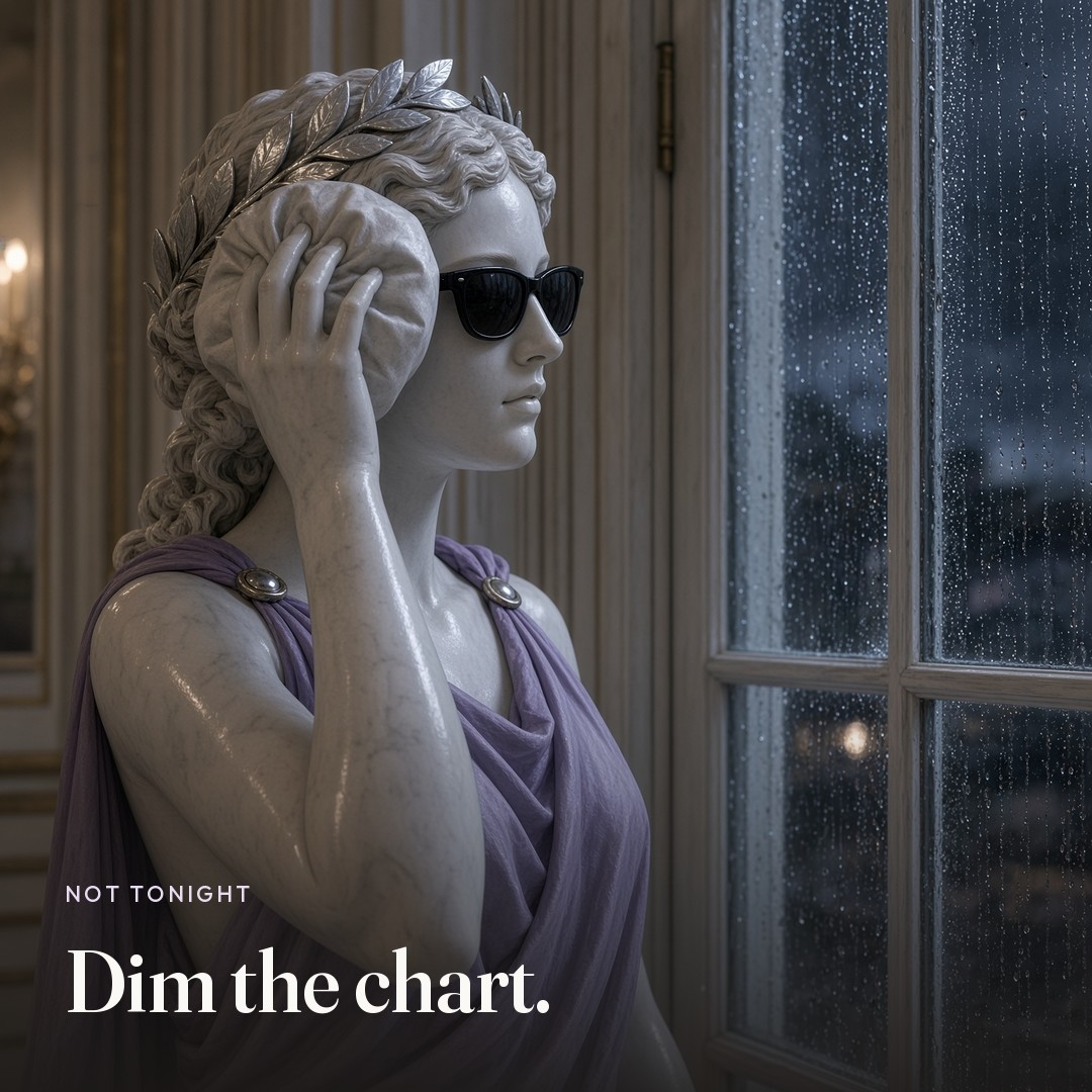 Rain on the window, ice pack at her temple. The picture says Dim the chart.