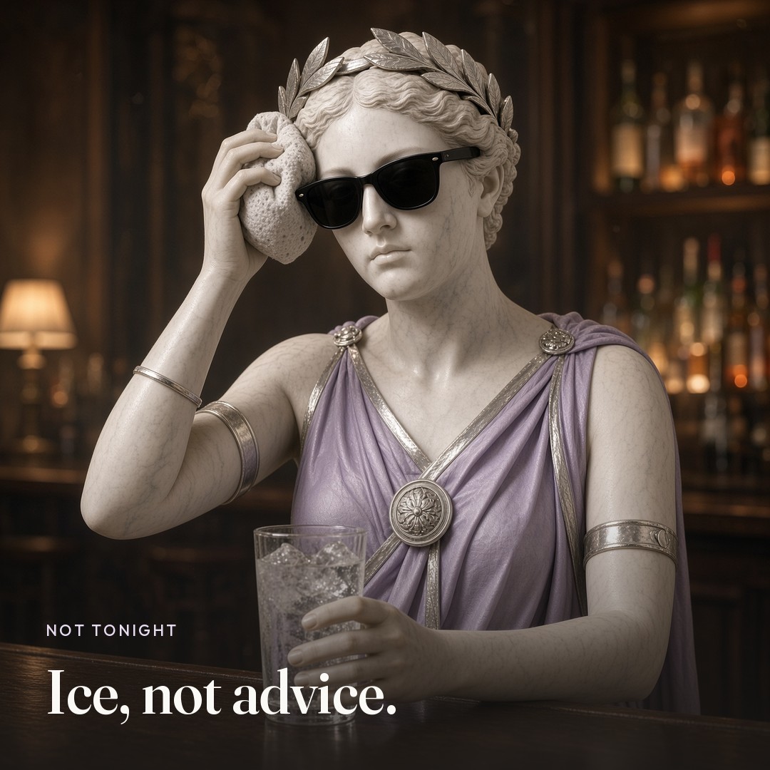 She pushes a glass of ice water away. The picture says Ice, not advice.