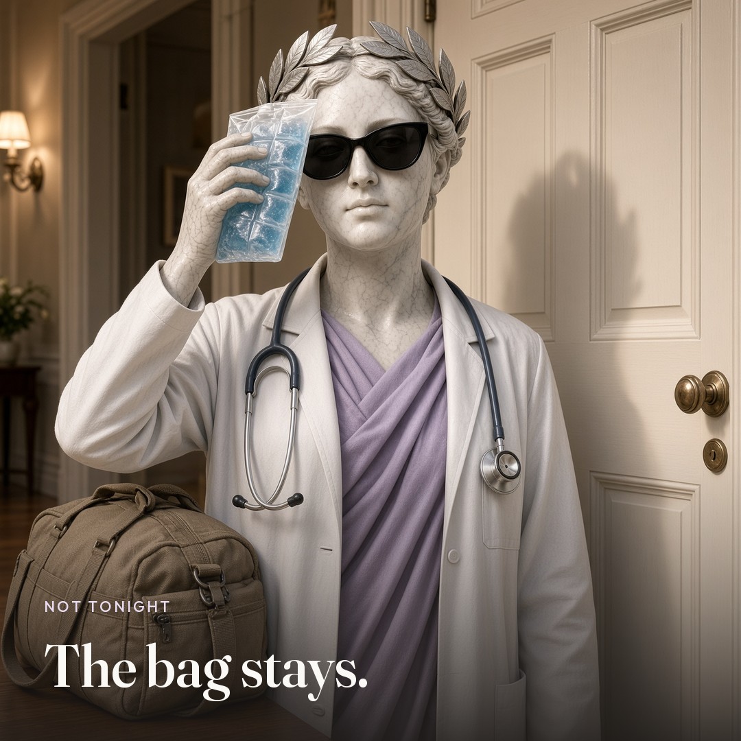 A packed bag by the door, unworn. The picture says The bag stays.