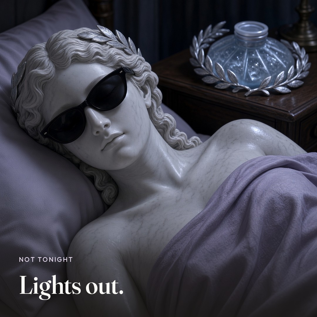 She is in bed, sunglasses still on. The picture says Lights out.