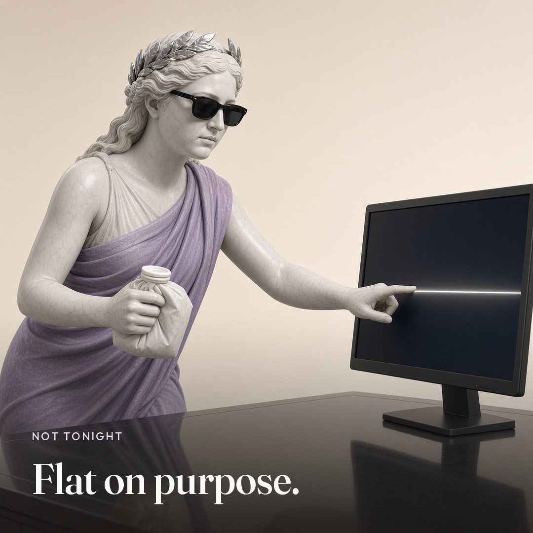 A monitor with a flat line, switched off. The picture says Flat on purpose.