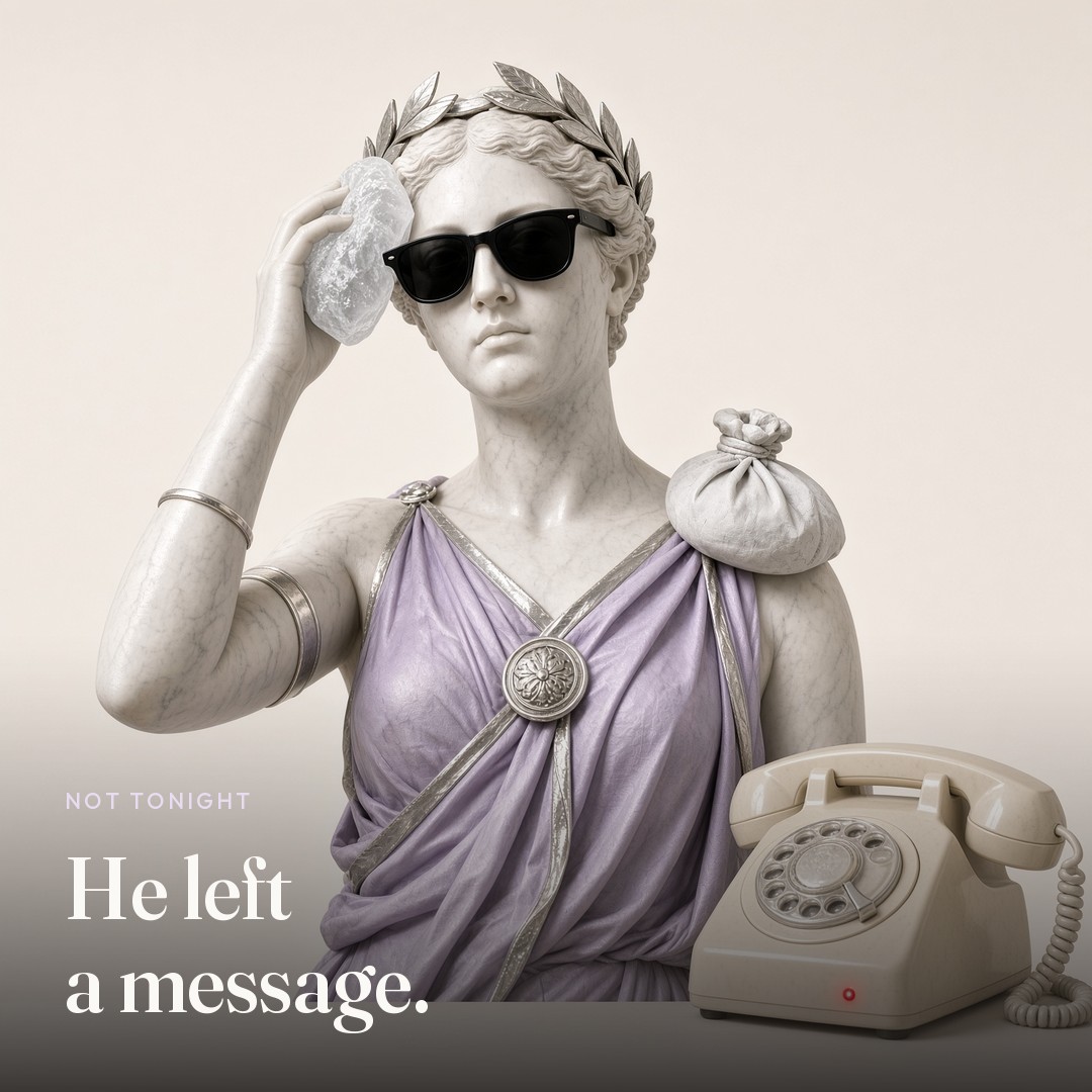 A phone with a message light she is ignoring. The picture says He left a message.