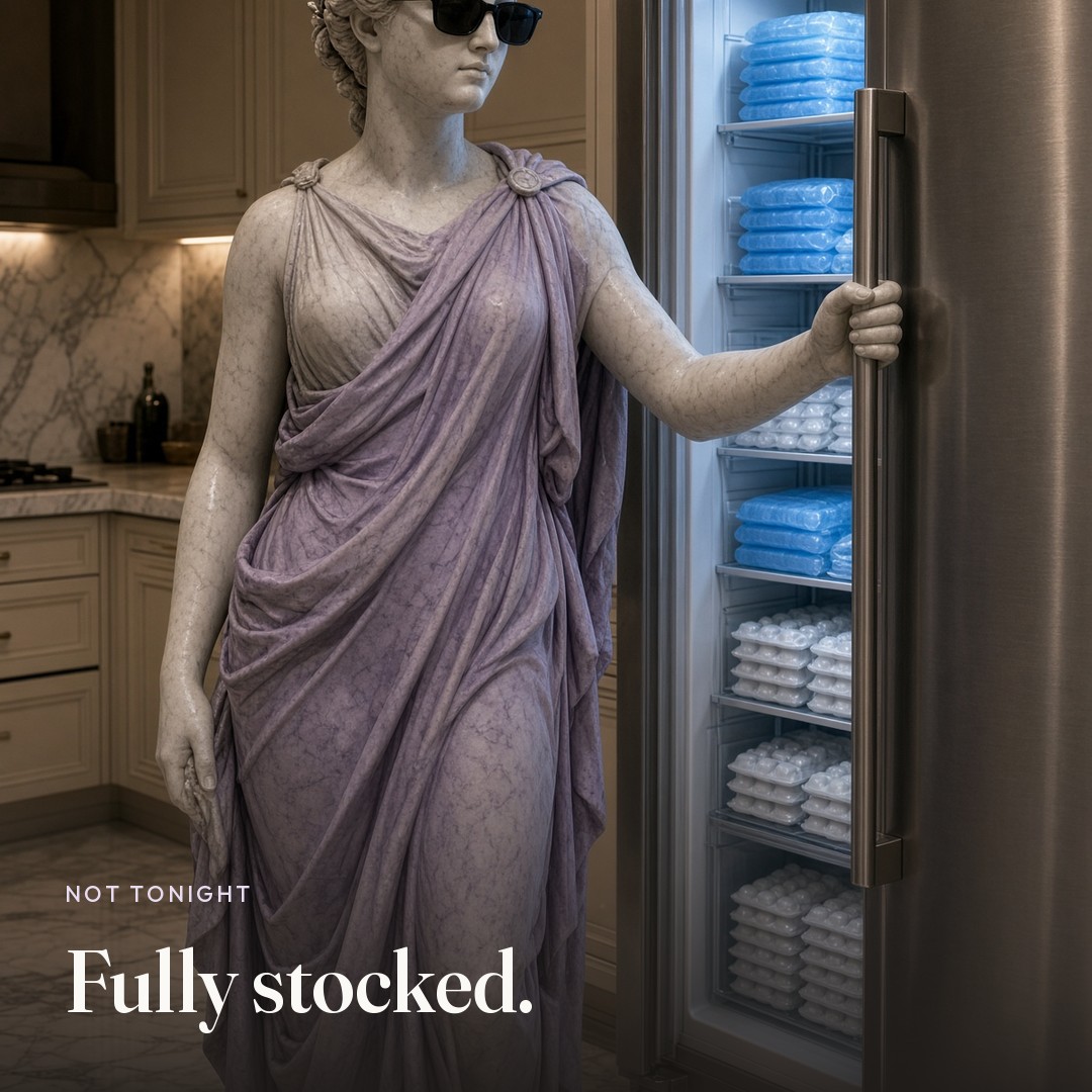 A fridge full of ice packs. The picture says Fully stocked.