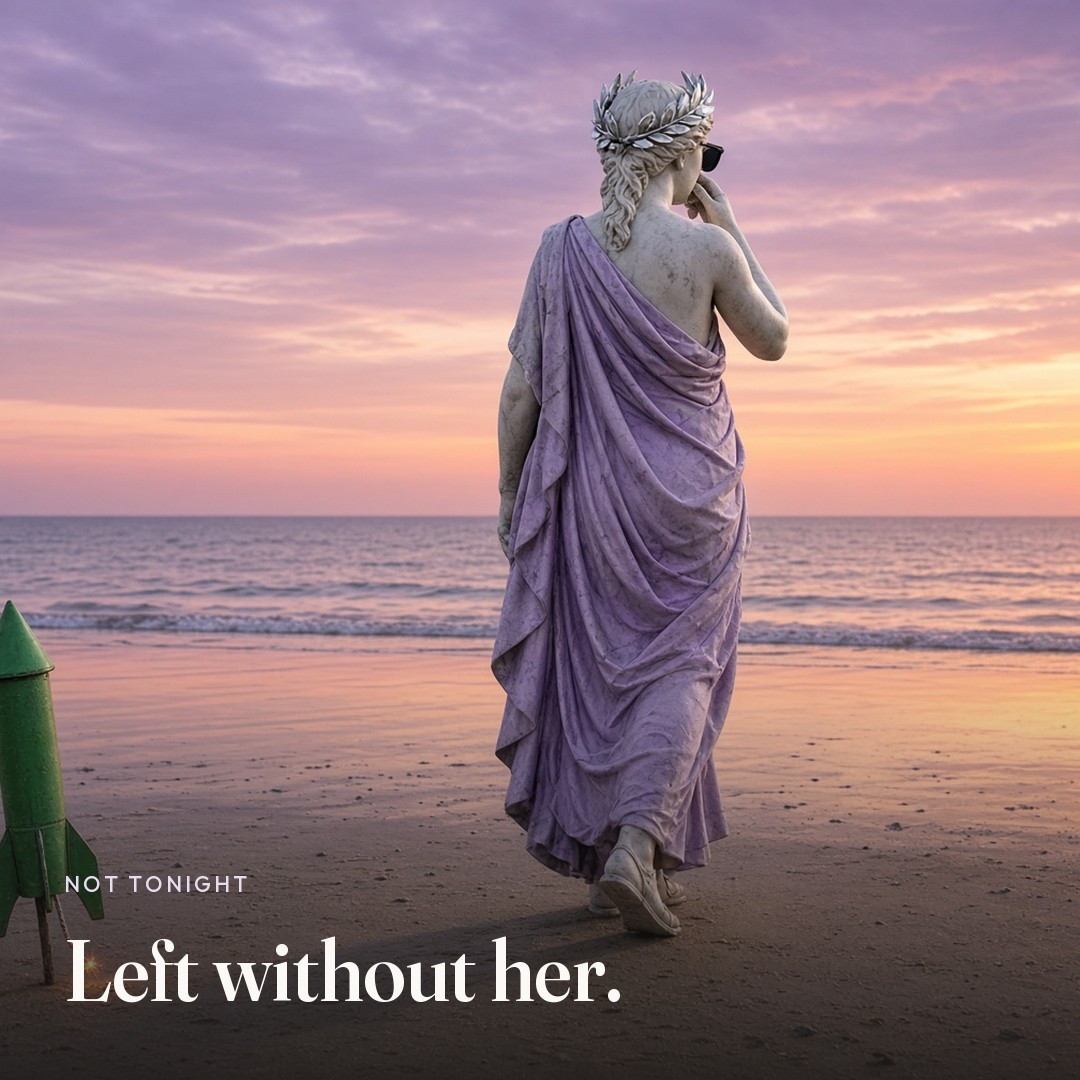 She walks away from a green firework. The picture says Left without her.