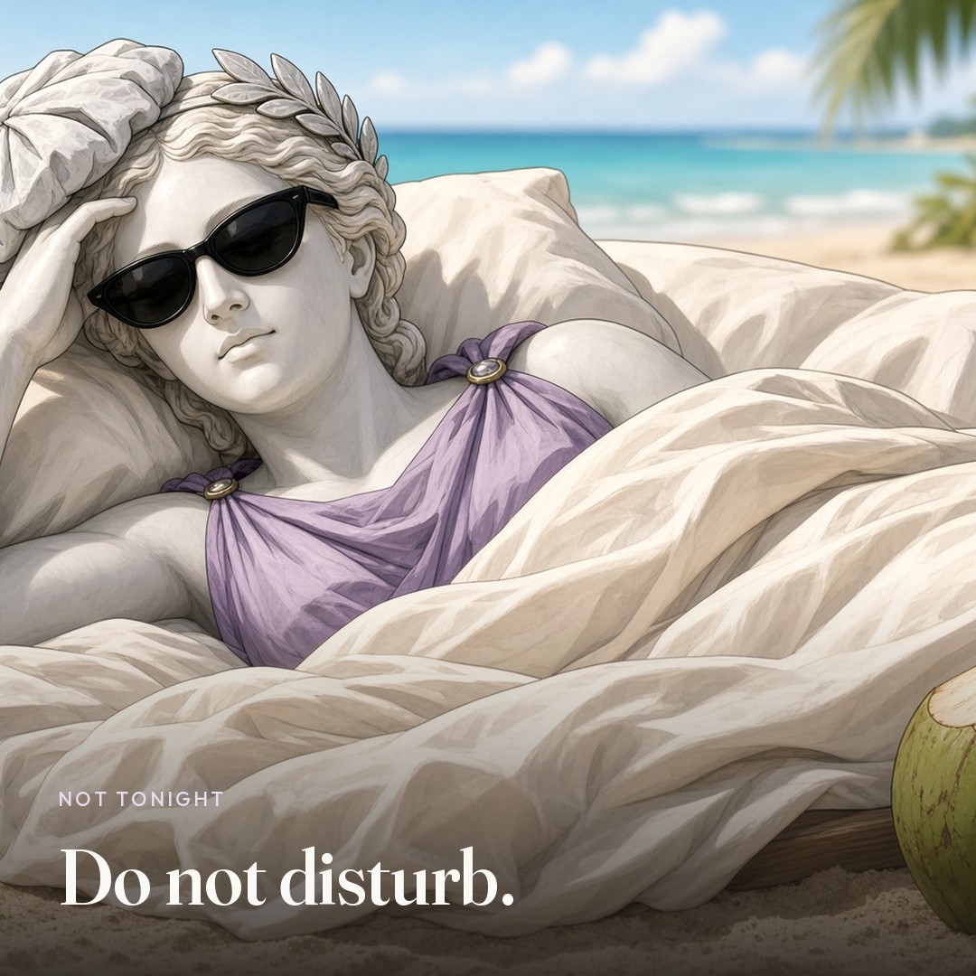 She is on a beach bed with an ice pack. The picture says Do not disturb.
